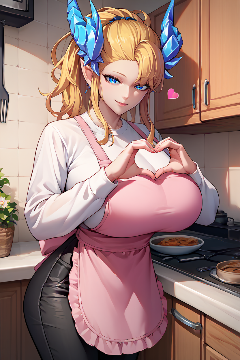score_9, score_8_up, score_7_up, score_6_up, source_anime, 1girl, solo <lora:sinmara-pdxl-nvwls-v1-000005:1> sinmara, horns, blonde hair, ponytail, pointy ears, huge breasts, white shirt, long sleeves, pink apron, black pants, kitchen, looking at you, heart hands, smile