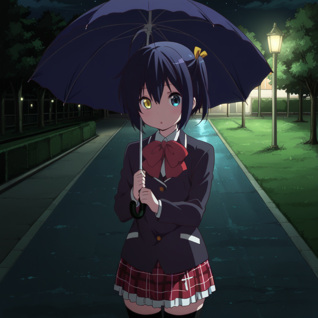 masterpiece, best quality, amazing quality,1girl, solo, love_chunibyo_other_delusions_takanashi_rikka, heterochromia, umbrella, school uniform, yellow eyes, skirt, thighhighs,blue eyes, black hair, plaid skirt, short hair, :o, one side up, plaid, closed mouth, black thighhighs, blazer, jacket, park, night, <lora:Takanashi_Rikka:0.7>