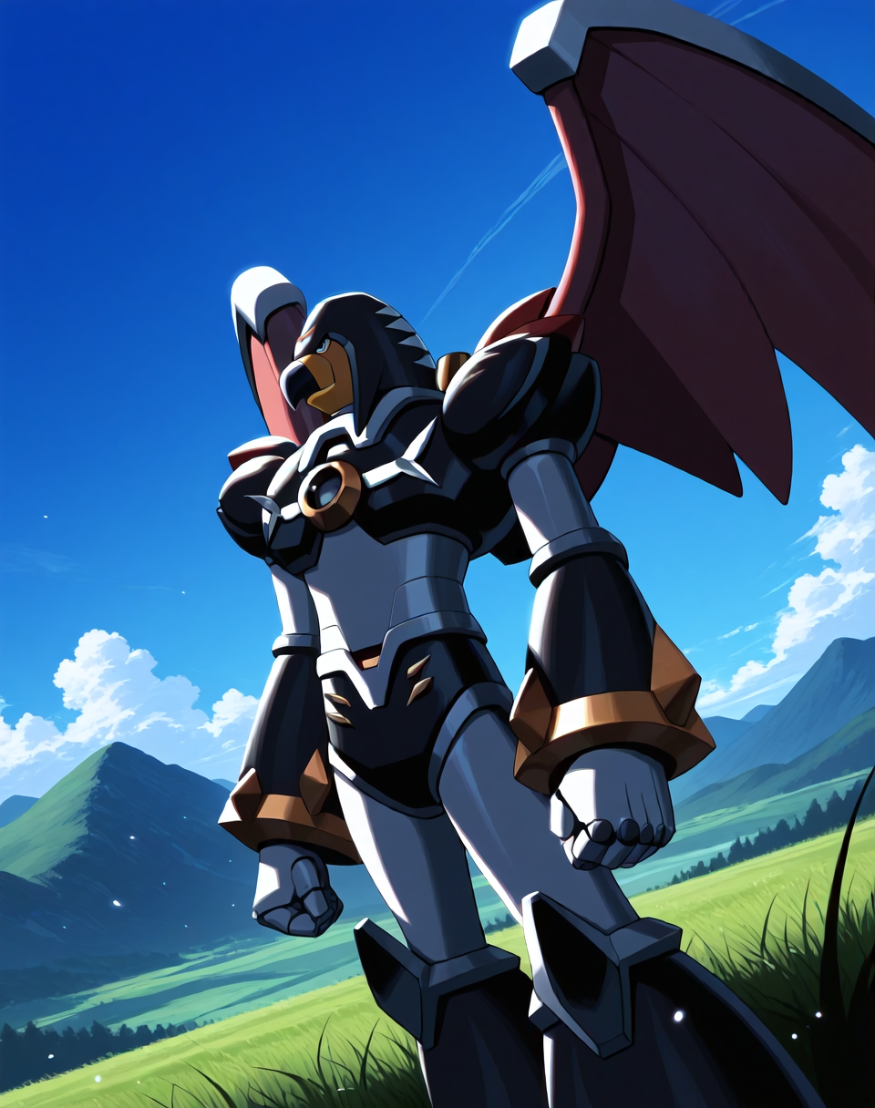 <lora:Flame_Falcon_(Mega_Man_X)_(Illustrious)_(AD):1.35> Flame Falcon, reploid, MMX, 
exterior, blue sky with clouds, mountain valley, grassy valley,
dutch angle, dynamic action, cowboy shot,
male focus, intense shadows, dynamic shadows, intricate details, attention to details, gradient coloring, robot, bright vivid colors, deep metallic colors, glossy metal body, wings, beak, 
BREAK very awa, masterpiece, best quality, amazing quality, very aesthetic, highres, absurdres,
EZRealPONYXL, zPDXL, Smooth Quality, lazynsfw,