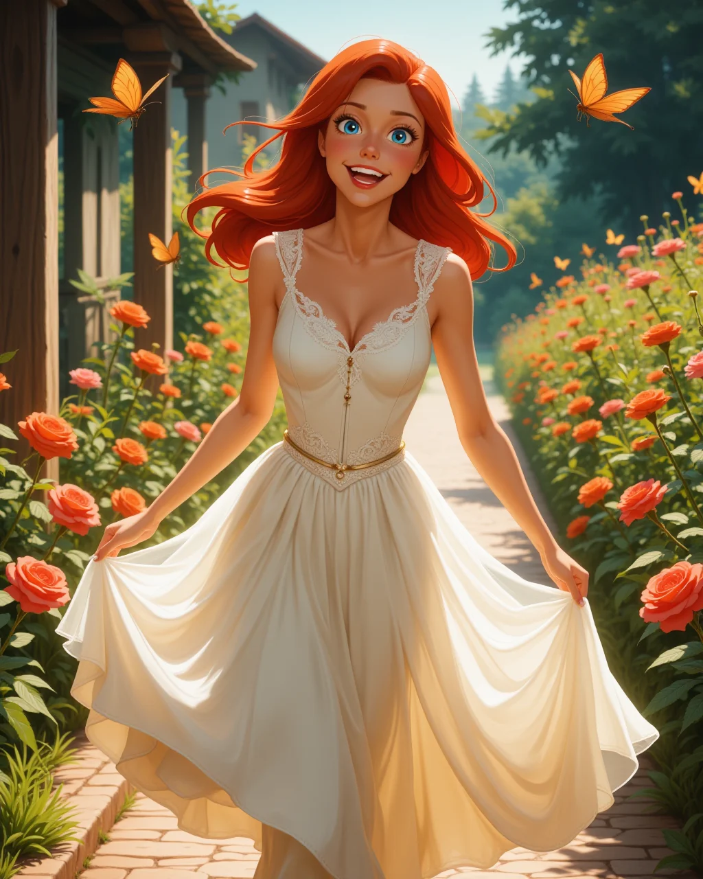 cowboy shot, looking at viewer, outdoors daylight, Eager with bright eyes, a wide grin, and a posture leaning forward with excitement.
A woman walks along a flower-lined path in a lush garden, the scent of roses and jasmine filling the air as butterflies flit from bloom to bloom. in a dynamic pose
<lora:Disney_-_Ariel_v2-000030:1> d-ariel a 20 year old adult woman with blue eyes and red hair. Tulle princess gown with a fitted bodice, lace neckline, and voluminous skirt