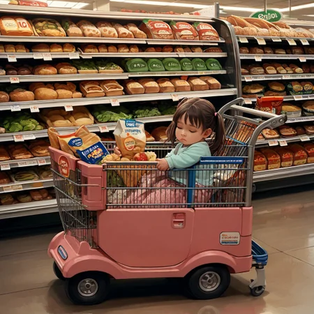 score_9, score_8_up, score_7_up, score_6_up, score_5_up, score_4_up, sourced_anime, day, old, grocery_store_car_cart, no humans, artist name, baby, holding, bear, sitting, pink skirt, twintails, sleeping