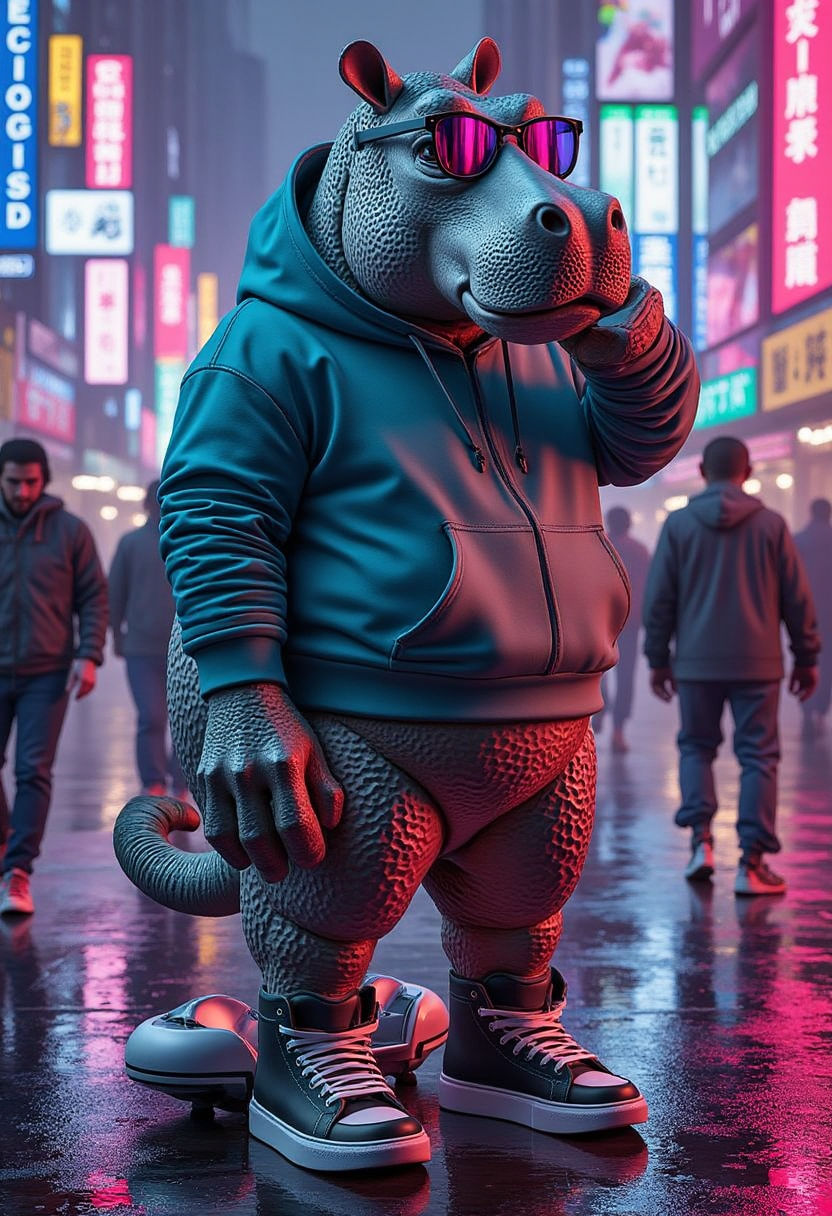 intricate yfg-patt3rn of, A stylish anthropomorphic Hippo wearing a hoodie and high-top sneakers, standing confidently beneath neon lights in a futuristic city. The Hippo has textured skin with shades of silver and teal, and glowing eyes reflecting the bright signs above. A hoverboard rests at its feet, and its tail curls playfully. Neon pink and blue reflections shimmer on the wet pavement as rain drizzles. A group of cyberpunk-style characters pass by in the background, their outfits glowing under the city lights. The Hippo adjusts its sunglasses, giving off an effortlessly cool vibe.