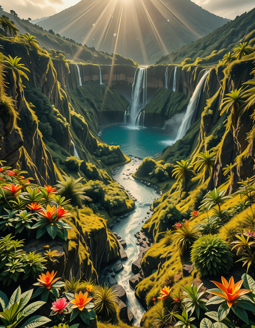 A breathtaking view of an ancient, dormant volcano now transformed into a lush, vibrant natural sanctuary. The crater is filled with dense tropical forests, colorful exotic flowers, cascading waterfalls, and mist swirling gently in the morning light. Vines and moss cover the dark volcanic rocks, and small streams wind down the slopes. while rays of sunlight pierce through the dense canopy, creating sparkling reflections on the water. The atmosphere feels peaceful, enchanted, and untouched by humans. The scene is depicted in an ultra-detailed, hyper-realistic style, with warm, soft lighting and rich, saturated colors that enhance the magical and serene mood of the landscape.
<lora:SDXLFaeTastic2400:0.4> <lora:extremely_detailed:0.4> extremely detailed,dormant v0lc4n0, <lora:dormant_v0lc4n0-i:1>, Masterpiece,best quality,hi res,8k,hi res,8k,award winning,(sharp focus, intricate, highly detailed),