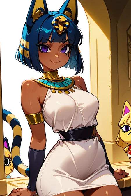 masterpiece, best quality, medium breasts, (curvy),  ,,, BREAK,  zzAnkha, animal crossing, animal ears, armlet, bare shoulders, belt, blonde hair, blue hair, blunt bangs, blunt ends, bob cut, cat ears, cat girl, cat tail, cropped, daniel deng, dark skin, dress, eye of horus, eyelashes, eyes visible through hair, facial tattoo, humanization, purple eyes, shiny skin, short hair, slit pupils, tattoo, usekh collar, white dress, <lora:AnkhaIXL:1.0>,BREAK,  smile, looking at viewer, cowboy shot,   <lora:GoldenCATLoraIXL:1.0>,