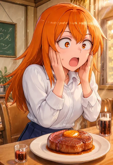 1girl, solo, masterpiece, best quality, newest, absurdres, CG, anime, source anime, illustration, very aesthetic, high resolution, ultra-detailed, newest, scenery, medium depth of field, rule of thirds, masterpiece-level, clean lines,
BREAK 1girl, ((solo)), (solo focus:1.25), Gamou_Maki, orange_eyes, orange_hair, long_hair, hair_between_eyes, medium_breasts
school_uniform, white_shirt, collared_shirt, pleated_skirt, blue_skirt, sleeves_rolled_up
dynamic pose, sitting on the chair behind table, delicious food, surprised, hands on own face, food focus, dutch angle, upper body
indoors, restaurant, cozy, candles, plate with meal, soft drink, big beef steak on the plate, cow bell near plate
motion lines, cinematic angle, various angles, detailed background, beautiful background, (rays light:1.0),(grow:1.0) mystical, luminism, vibrant colors, light particles