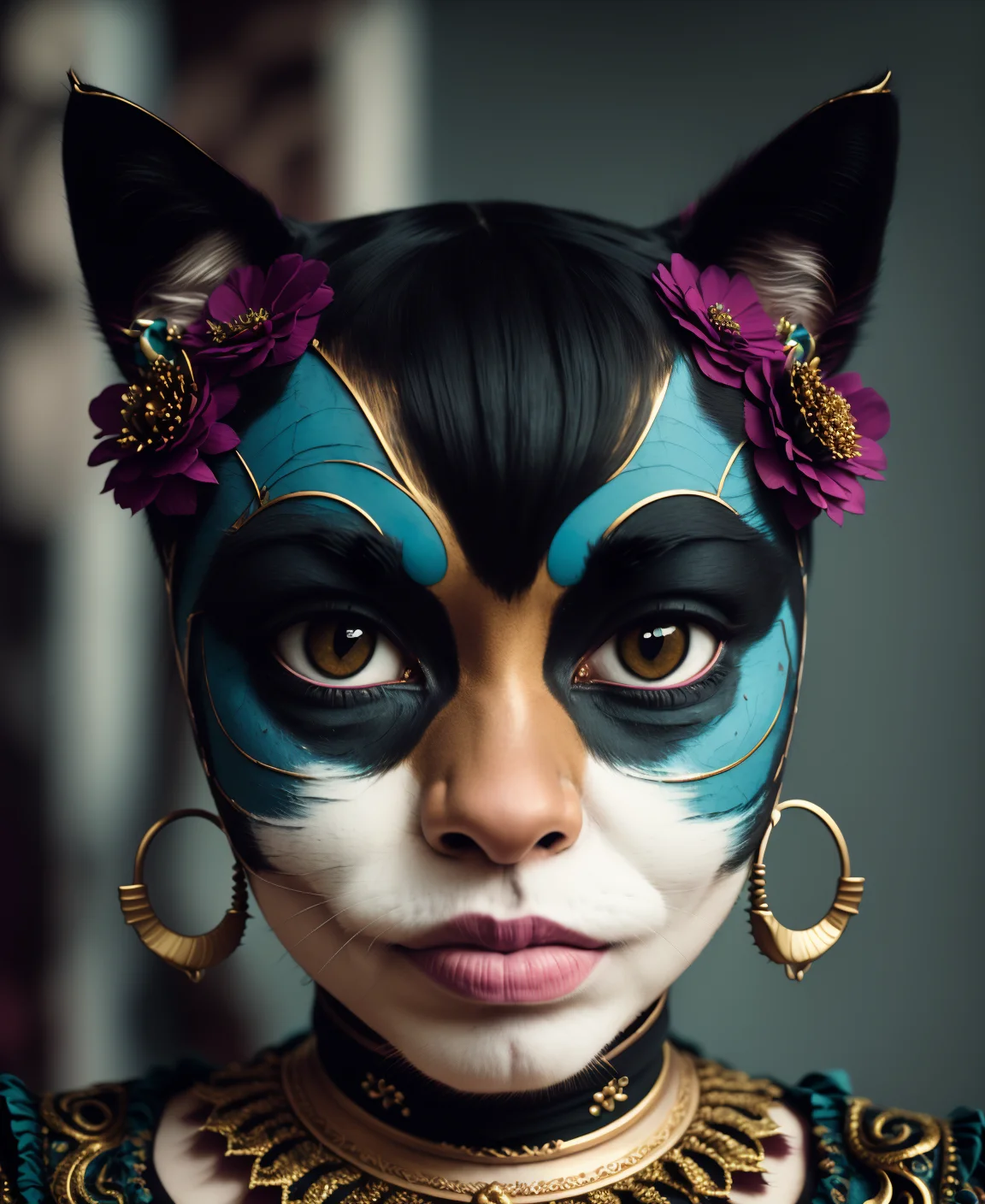 coulchat, raw candid cinema photography portrait, a woman cat, (photo in Haunted carnival:1.2) Pakistani Goshenite Sodium Southern Gothic self-controlling dark turquoise, by Patrice Murciano, ultra realistic textured skin, skin pores, hard focus, film grain, photographed with a Sony a7 III Mirrorless Camera, by photographer (dark goldenrod:1.2) <lora:epiNoiseoffset_v2:0.7> <lora:lora_coulchatV3:1>