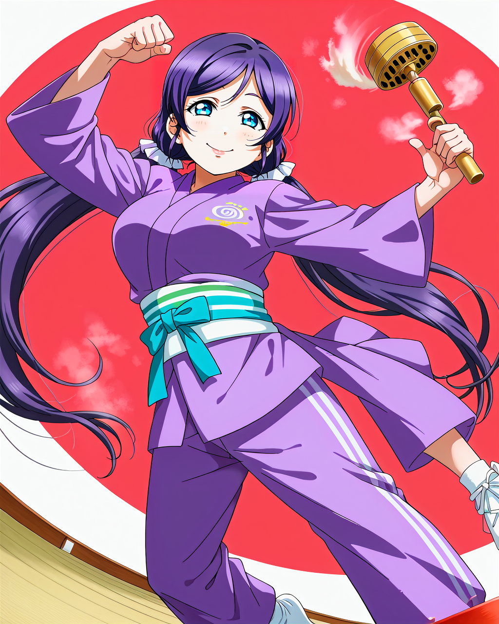score_9, score_8_up, score_7_up, score_6_up, source_anime, looking at viewer, ((love live!, 1girl, tojo nozomi, blue eyes, large breasts, long hair, low twintails, purple hair, twintails)) (martial arts flying roundhouse kick), (nepal bodystocking), (Steam turbine), smile, happy,  <lora:LLChar_Pony:0.8> love live!