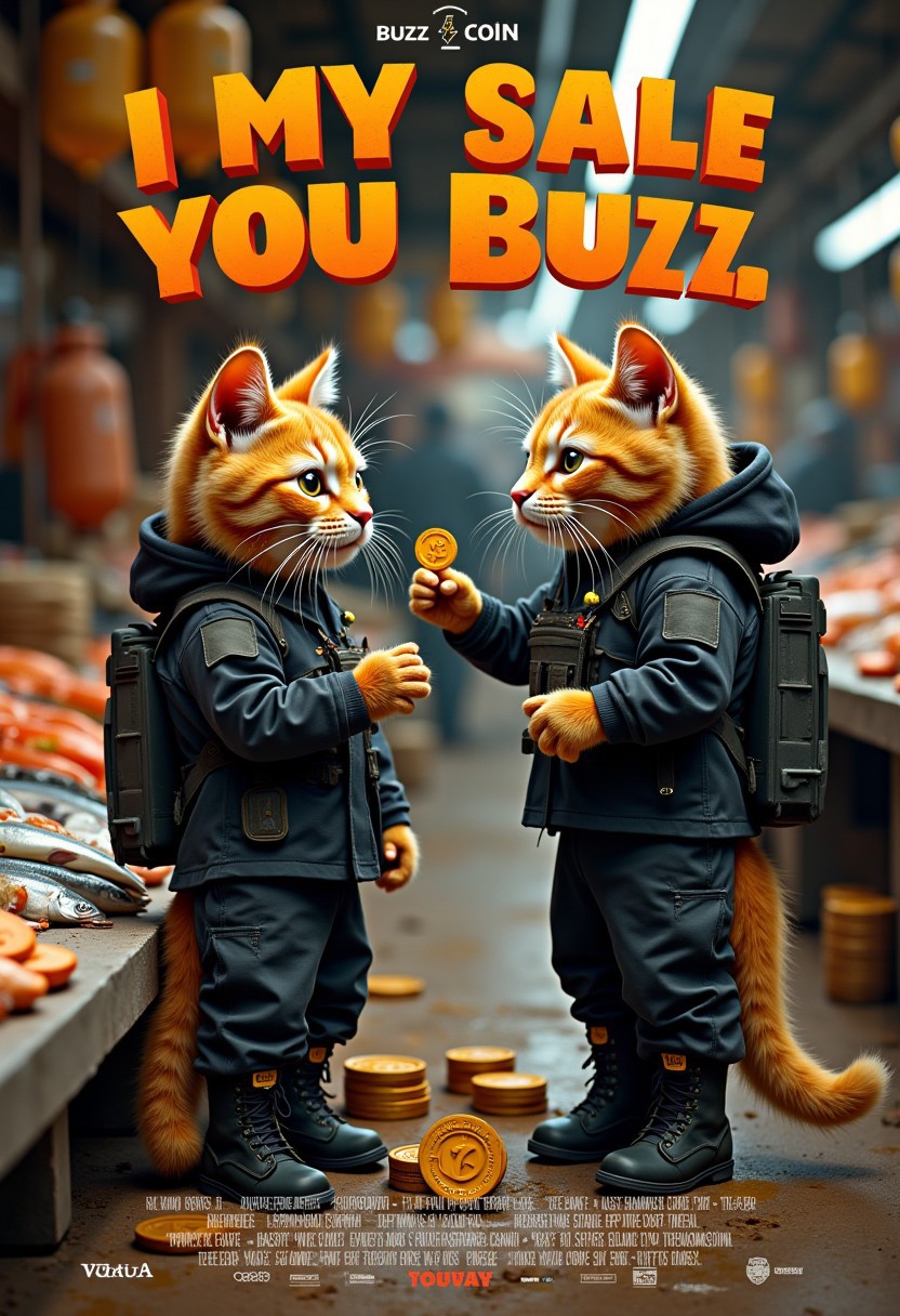 a realistic picture,((((Display the text " i will steal your buzz, " on top a movie poster))))
Movie poster of 2 orange cats wearing black military tactical pants and military boots and  wearing black hoodie, and tactical gears, the orange cats standing in front fish stall in market, image of a hand offering BUZZ COIN,(  the usual stacks of cash  Instead, the shelves are lined with small, neatly arranged coins, each shaped like a tiny, stylized orange lightning bolt. The coins are labeled as "Buzz." )) to a fishmonger cat, holding fish, 8k, ultra detailed, at the market, <lora:cashbaba:0.6>  <lora:xl_more_art-full_v1:0.5> I  background: traditional fish market ,his two paws are grasping onto a bright yellow buzz coin,that is almost his size as he is trying to drag it off the counter top, logo:1.9 <lora:Harrlogos_v2.0:1.9>, (full body shots),
((((Display the text "i sell fish for buzz!!" on a movie poster))))