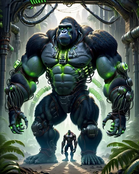 art by pixar,cartoon, a cybermutant harambe with mechanical limbs and cybernetic enhancements,biomechanical glowing tubes,glowing green eyes,<lora:Cyberfleshmutant-000002:0.95>