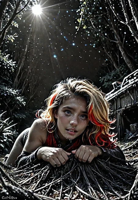 score_9, score_8_up, score_7_up, Realistic, cinematic shot, selective color, monochrome background, 4k, Gadget, side view,
1girl, solo, 
(((Girl in an alien forest, correct hand anatomy, shocked, scared, terrified, crying, tears,  on all fours, mouth open, gasping, looking over her shoulder, strained face,  dramatic angle, rear view, view from back, looking back, looking at viewer, from behind, full body shot))), 

blonde, grayscale with red highlights, 18yo, smile, perfect face, stunning, breathtaking face, detailed face, perfect teeth, expressive eyes, extremely cute, medium boobs, round stomach, easynegative, ALRGFC, alluring face, sexy, hetero, flushed, red top of cheek,

Work clothes, space mechanic outfit,

Detailed background, alien jungle, alien flowers, alien fauna, lianas, impossible trees, two moons, outdoors,

pdcUitCU5_, highres, absurdres, in focus, sharp focus, negative_hand,

Stable_Yogis_PDXL_Positives, CyberRealisticPony_POSV1, 