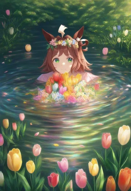 (umamusume, rhein_kraft_(umamusume), horse_ears, horse_girl, tail, 1girl, ahoge, animal_ears,)
casual, Tulip,Tulip flower, Tulip flower_field, 
head_wreath, looking_at_viewer,  solo, aesthetic, absurdres, symmetric , , g0ldsw0rthy,
(realistic, photo,  artistic, medium_hair, one_eye_closed, petals, relaxing, smile, spiralling vortex made of multicoloured tulips, lush foliage sunrise,  ripples, reflective, jaynl-tm, rainbow,green_eyes, hair_between_eyes, hair_ornament,  : 0.7)