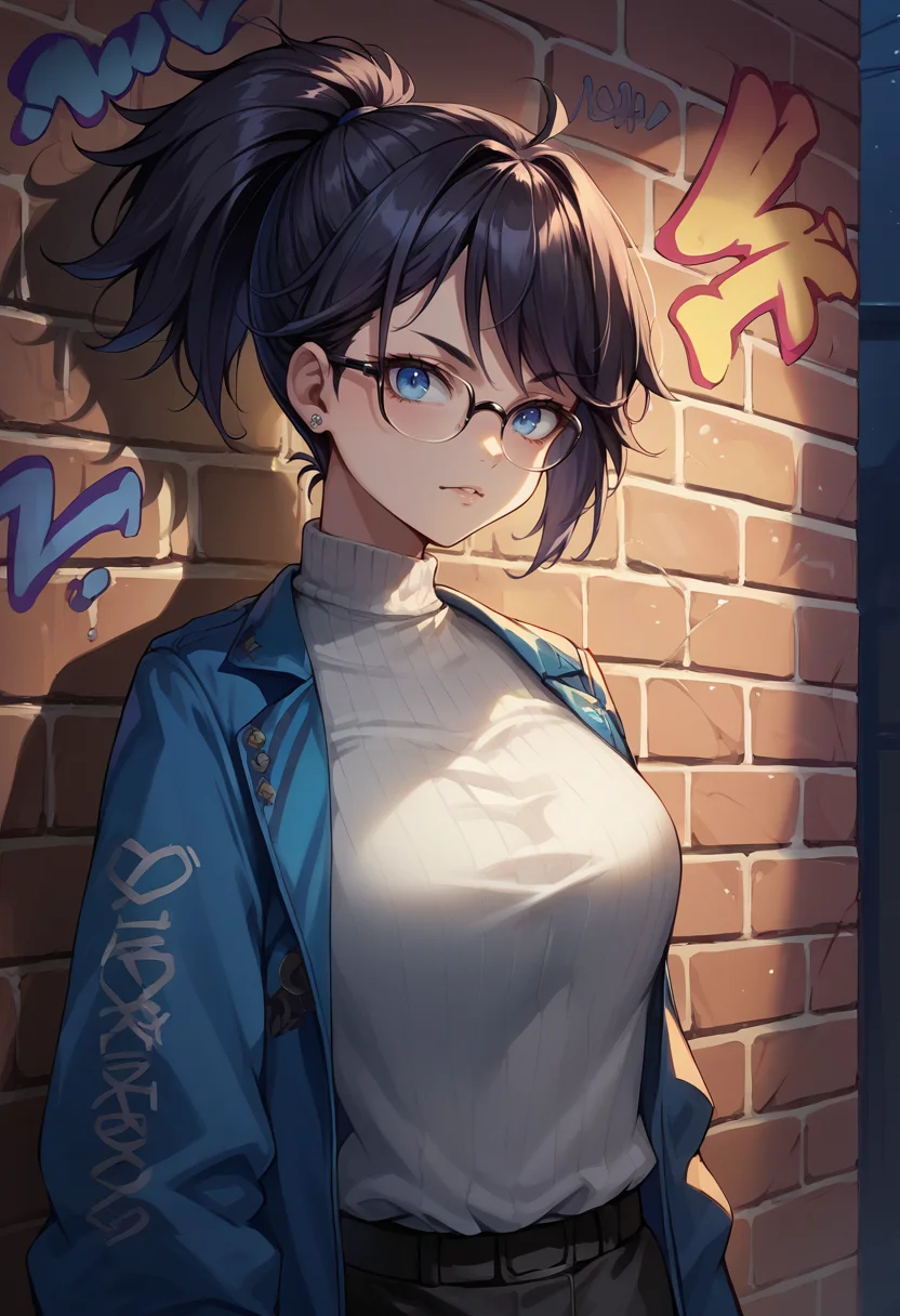 score_9, score_8_up, score_7_up, source_anime, Kson, black hair, blue eyes, ponytail, glasses, earrings, sharp eyes, choker, neon shirt, open jacket, turtleneck sweater, night, against wall, brick wall, graffiti, dim lighting, alley, looking at viewer, <lora:ChamKsonPonyXL:1>