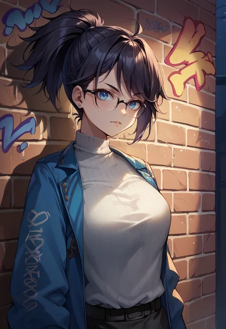 score_9, score_8_up, score_7_up, source_anime, Kson, black hair, blue eyes, ponytail, glasses, earrings, sharp eyes, choker, neon shirt, open jacket, turtleneck sweater, night, against wall, brick wall, graffiti, dim lighting, alley, looking at viewer, <lora:ChamKsonPonyXL:1>