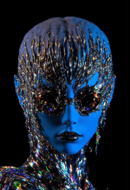 ((aidmaimageupgrader, aidmaMJ6.1, ne0nfant4sy)),A hyper-realistic close-up portrait of a woman with short, side-trimmed white hair styled in soft perms, her face glowing with surreal neon blue tinted skin. The frame captures only her full head and neck, focusing sharply on her striking features. She wears avant-garde sunglasses, the Bl0007dark Grey Silver from VAVA, crafted from high-quality acetate with sharp geometrical shapes, including hexagons and triangles. The sunglasses' frame is detailed with surreal chrome spikes, each one reflecting light with a polished metallic sheen, and featuring neon and iridescent tints that shimmer with every movement. These spikes encircle the lenses, giving them a futuristic, mechanical appearance. Below her nose, a veil of long, thin chrome chains, similar to the veils worn in belly dancing, drapes over her lower face, enhancing the mysterious aura. Her golden eyes glow intensely, standing out against her blue skin, with an otherworldly brilliance. The background is pitch black, amplifying the surreal atmosphere. Shot with a Canon EOS R5 and a 135mm f/1.8 lens at ISO 200, f/1.8. Rendered in 8K with Octane Render, post-processed in Photoshop to enhance fine details. Inspired by futuristic fashion designers like Iris van Herpen and avant-garde aesthetics.