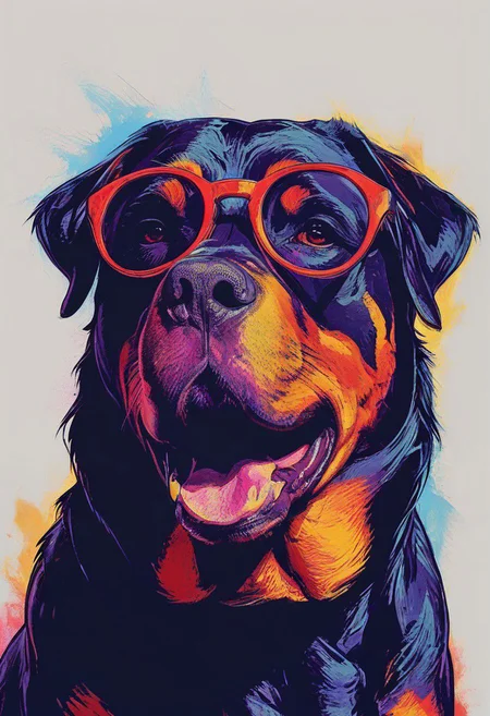impactful color paint of, a Rottweiler wearing dark sunglasses, highly detailed, vibrant colors , 8k, sharp, professional, clear, high contrast, high saturated, , vivid deep blacks, crystal clear