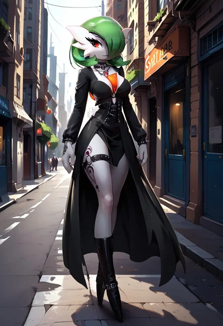 (((gardevoir))), female, anthro, pale white skin, masterpiece,best quality, highly detailed, score_9, score_8_up, score_7_up, closeup,, beautiful gardevoir walking down a city street, perfect body, tight clothing, goth, fabric clothing, cloth clothing, necklace, bracelets, rings, long sleeves, neck tattoos, hand tattoos, cleavage,