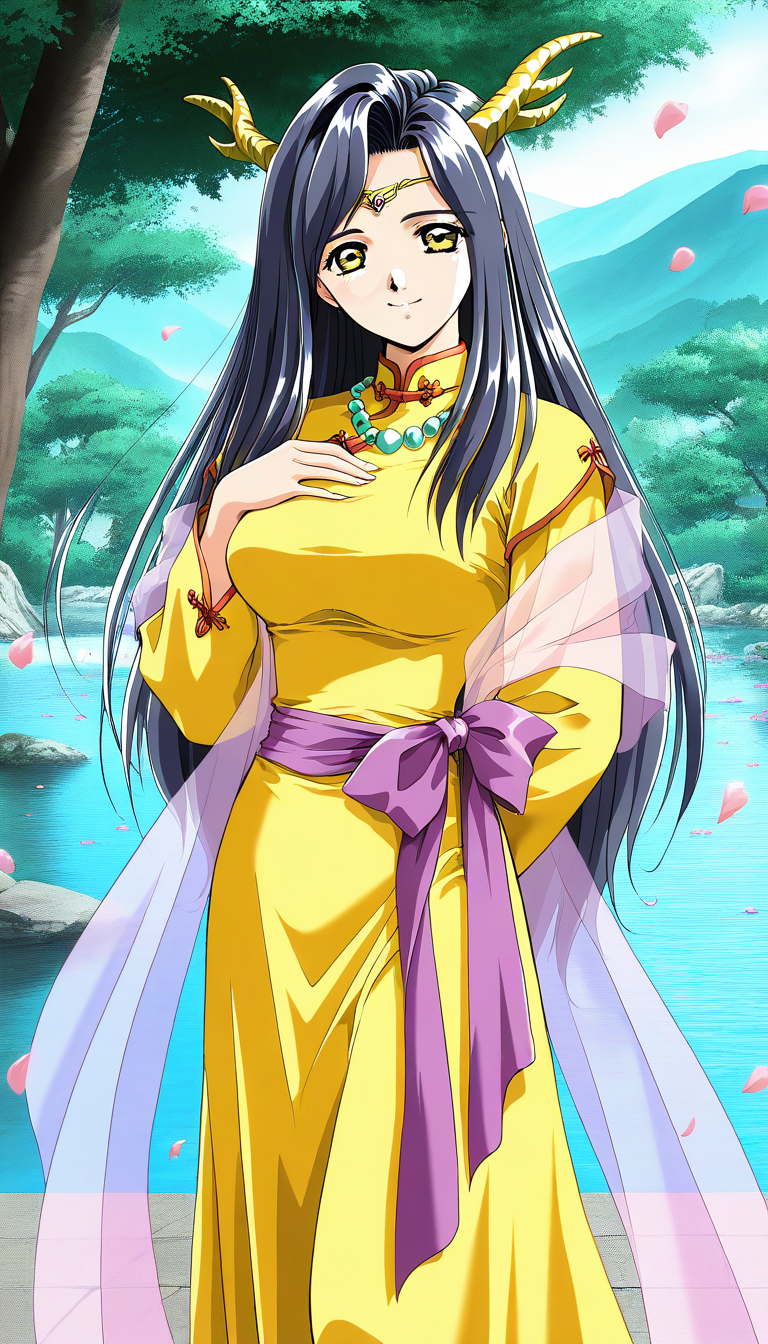 masterpiece, best quality, good quality,  <lora:Nami_Koihime_IS:1>Nami_Koihime, long hair, breasts, black hair, medium breasts, Yellow eyes, large breasts, 1990s (style), foreheadã
1girl, solo, yellow eyes, horns, 1990s (style), outdoors, retro artstyle, necklace, day, shawl, dress, jewelry, long sleeves, standing, tree, looking at viewer, hand on own chest, water, blue hair, yellow dress, circlet, petals, robe, smile, purple hair, chinese clothes, see-through, sash, dragon girl
