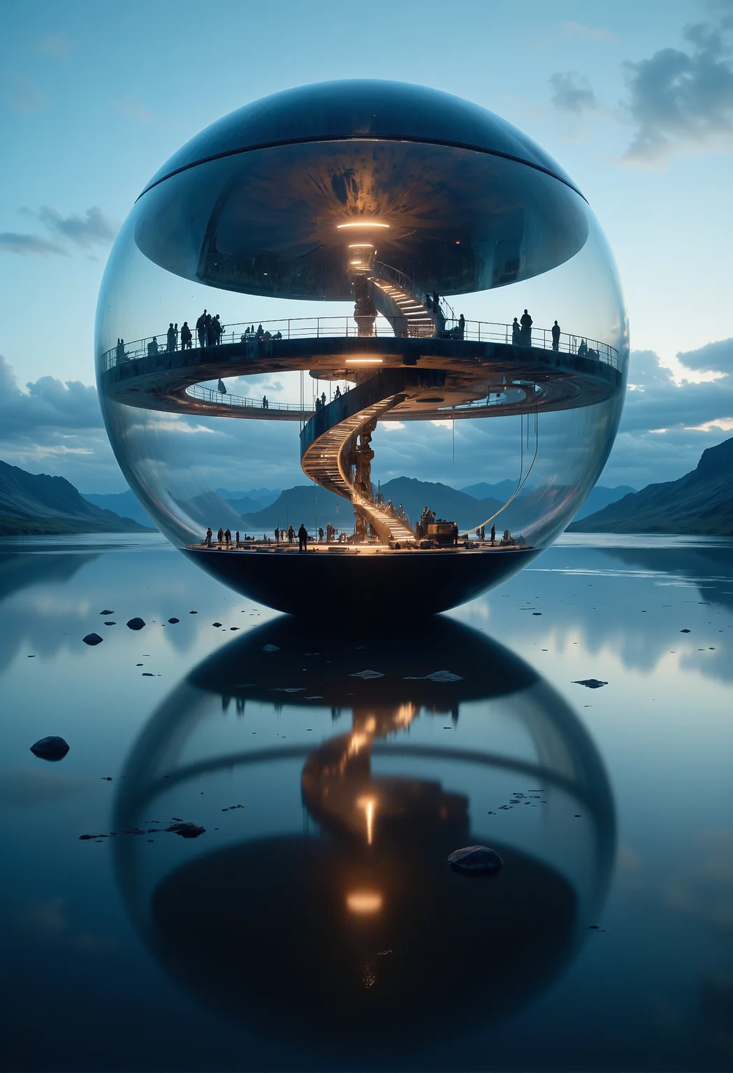 Floating glass sphere, suspended above a reflective lake, with a spiraling staircase wrapping around its surface, glowing faintly in the twilight. <lora:Dever_Flux_Enhancer.safetensors:0.5>,  <lora:FluxDFaeTasticDetails.safetensors:0.2>,  <lora:artilands.safetensors:0.75>,  <lora:NotTheRealWorld-v55-000010.safetensors:0.5>,  <lora:Sci-fi_env_flux.safetensors:0.5>,
