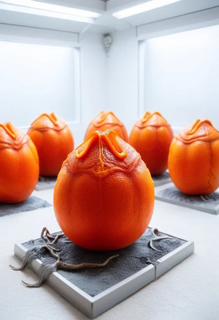 blood orange style, xenoegg, view of a group of unhatched xenoeggs, xenoeggs made of orange peel, horror theme, green light, space station interior, foggy ground, beautifully lit,
Orange skin xenomorph inspecting eggs
