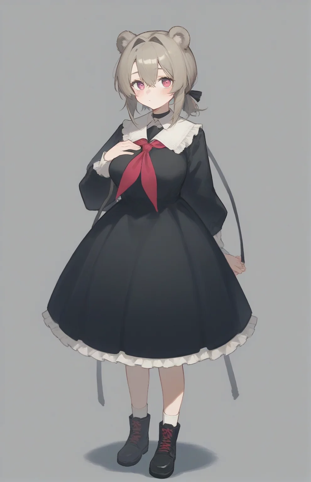 score_9,score_8_up,score_7_up,1girl,solo,light_blush,
<lora:Abstinthe-Pony-07:0.8>,
abstinthe-base,animal ears,bear ears,pink eyes,short hair,brown hair,grey hair,bear girl,hair between eyes,short ponytail,large breasts,very long sidelocks,hair intakes,over shoulder,
black dress,black footwear,boots,dress,long sleeves,neckerchief,official alternate costume,red neckerchief,white socks,white collar,puffy sleeves,frilled_dress,
simple background,standing,hand on own chest,