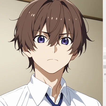 <lora:watanabeakio-000009:2>
score_9, score_8_up, score_7_up,score_6_up,
watanabe akio, poyoyon rock, watanabeakio, 1boy, male focus, fake screenshot, maebara keiichi, brown hair, anime coloring, solo, blue eyes, shirt, school uniform, parody, white shirt, collared shirt, short sleeves, upper body, indoors, official style, hair between eyes, bangs, wing collar, style parody, short hair, purple eyes, dress shirt, meme, dutch angle,closed mouth