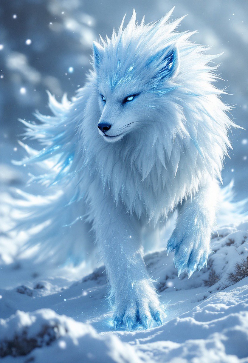 Picture a creature that merges the regal gryphon with the icy resilience of an arctic fox. Its body is leonine but covered in thick, snow-white fur that sparkles with frost. The head is bird-like, with a sharp, icy blue beak and piercing, crystalline eyes. Its wings are massive, feathered in layers of frost-tipped plumes that leave icy trails as they move. Along its back and shoulders grow jagged, glacier-like spines that shimmer in the light, giving it the appearance of a living iceberg. Its paws are fox-like, padded for silent movement, but tipped with sharp, retractable claws.
Visualize this creature prowling the frozen tundra under a pale winter moon. It moves with ghostly grace, leaving pawprints that instantly freeze over. When it takes flight, its frosty wings spread wide, creating a blizzard-like flurry in its wake, a frozen storm in the shape of a majestic predator.