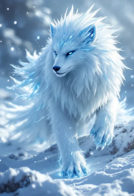 Picture a creature that merges the regal gryphon with the icy resilience of an arctic fox. Its body is leonine but covered in thick, snow-white fur that sparkles with frost. The head is bird-like, with a sharp, icy blue beak and piercing, crystalline eyes. Its wings are massive, feathered in layers of frost-tipped plumes that leave icy trails as they move. Along its back and shoulders grow jagged, glacier-like spines that shimmer in the light, giving it the appearance of a living iceberg. Its paws are fox-like, padded for silent movement, but tipped with sharp, retractable claws.
Visualize this creature prowling the frozen tundra under a pale winter moon. It moves with ghostly grace, leaving pawprints that instantly freeze over. When it takes flight, its frosty wings spread wide, creating a blizzard-like flurry in its wake, a frozen storm in the shape of a majestic predator.