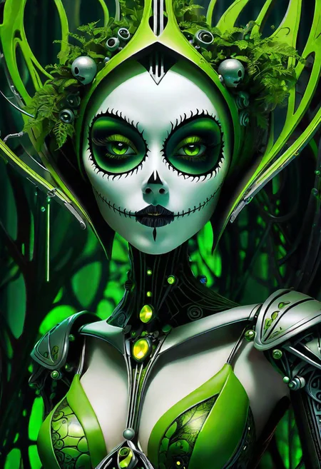 creepy Cyberpunk artwork inspired by Jack Skellington from The Nightmare Before Christmas, set in a futuristic fashion cyberpunk universe. Sexy, Emphasize her seductive allure, beautiful face, perfect eyes, perfect nose shape, perfect lips, perfect hands, vibrant green foliage, neon-lit cityscape, and intricate cybernetic enhancements. Capture the essence of danger and allure in this cyberpunk masterpiece., cyberpunk style
