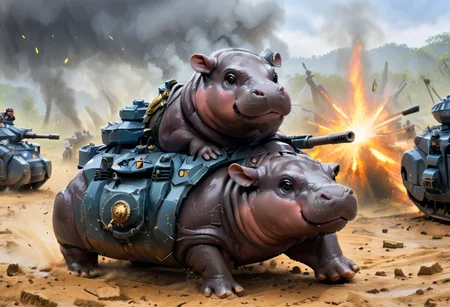 Moo Deng riding tank on a battlefield, epic wars, moo deng, baby hippo, no humans, animal focus