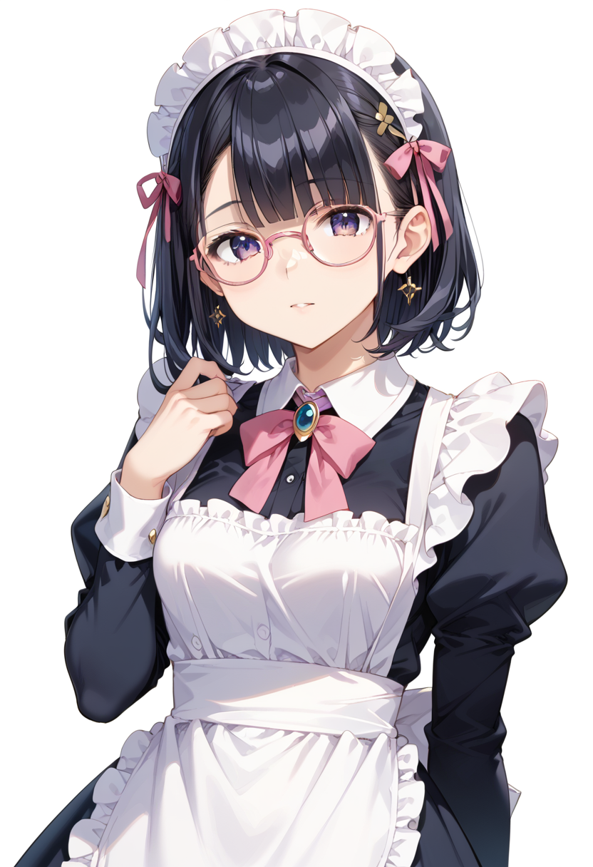 score_9, score_8_up, score_7_up, rating_safe, masterpiece, best quality, absurdres, unity 8k wallpaper, official art, official style, source_anime, uncensored, game cg, megami magazine,
1girl, solo, black hair, medium hair, upper body, covered eyes,maid, maid headdress, black dress, maid apron, face focus,
round_glasses22A, glasses, still life, white background, simple background, pink-framed eyewear,
 <lora:glasses_Round_PONY_V1:1>