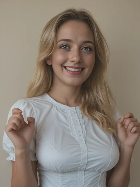 score_9, score_8_up, score_7_up, score_6_up, score_5_up, close up shot, shrugging, smiling, cute, hands up, dynamic pose,
<lora:Tradwife:0.7> tradwife, blonde, blonde hair, breasts, large breasts, dress, blue eyes, female, 1girl,
., <lora:hand 4:0.5> hand person,
<lora:Eyes_High_Definition:0.25> eyeshd