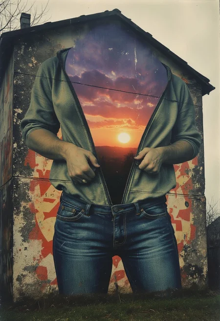 An old, weathered building towers high into the sky, partially in ruins. Its façade is covered in peeling graffiti of various colors, featuring bold geometric patterns that blend into a surreal optical illusion. The graffiti prominently depicts the front of a woman’s denim jeans, showing the subtle curves around the zipper area in vivid detail, as though painted directly onto the building. The zipper itself is half open, but instead of revealing more of the graffiti, it "unzips" the actual building, unfolding the structure to the left and right. Through this open zipper, a breathtaking sunset is revealed, with vibrant orange and purple hues illuminating the natural landscape behind the building. The striking combination of urban decay, sensual graffiti, and the serene beauty of nature creates a mesmerizing scene, blurring the line between art and reality.