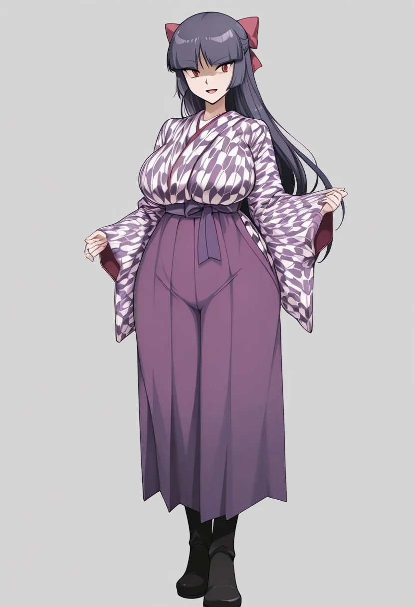 score_9,score_8_up,score_7_up,source_anime,5_figner,2d_animation,game cg,BREKE,1girl,solo,
zzSabrina, red eyes, long hair, blunt bangs, sabrina pokemon, purple hair, black hair,
purple hakama,yagasuri,japanese clothes,kimono,long sleeves,hair ribbon,boots,
smile,fullbody,openmouth,
huge breasts,thick hips,thick thighs,thick waist,disproportionate breasts,
curves,glamour,
simple background,white background,
masterpiece,best qualit,ultra-detailed,illustration,an extremely delicate and beautiful,beautiful detailed eyes,unity 8k wallpaper,high resolution,anime CG,official_art,Erotic_style, anime_coloring, anime_screencap,