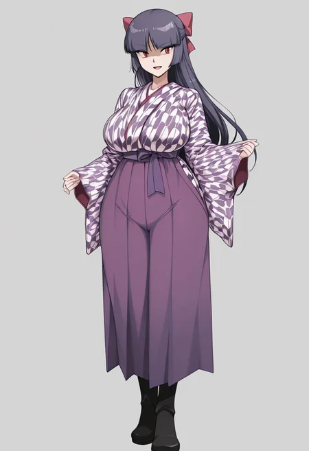score_9,score_8_up,score_7_up,source_anime,5_figner,2d_animation,game cg,BREKE,1girl,solo,
zzSabrina, red eyes, long hair, blunt bangs, sabrina pokemon, purple hair, black hair, 
purple hakama,yagasuri,japanese clothes,kimono,long sleeves,hair ribbon,boots,
smile,fullbody,openmouth,
huge breasts,thick hips,thick thighs,thick waist,disproportionate breasts,
curves,glamour,
simple background,white background,
masterpiece,best qualit,ultra-detailed,illustration,an extremely delicate and beautiful,beautiful detailed eyes,unity 8k wallpaper,high resolution,anime CG,official_art,Erotic_style, anime_coloring, anime_screencap,