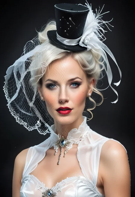 score_9, score_8_up, score_7_up, rating_safe, concept art, realistic, Fixhand.
1girl, solo, cute face, sexy face, 
Mini top hat, Veil.
