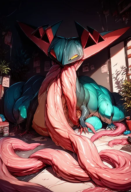 score_9, score_8_up, score_7_up, source_realistic, Dragapult, pokemon (creature), (sticking out hyper multi tongues:1.2), hyper tongue, long tongue, multi tongue, huge tongue, thick tongue, feral, solo, (completely surrounded by hyper multi tongues)