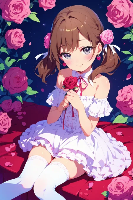 score_9, score_8_up, score_8, <lora:100Kanojo:0.9>, 1girl, solo, medium hair, flower, hair ornament, hair flower, smile, dress, jewelry, dark brown hair, rose, earrings, thighhighs, twintails, looking at viewer, sitting, grey eyes, pink flower, pink rose, bare shoulders, frills, white dress, ribbon, blush, flat chest,