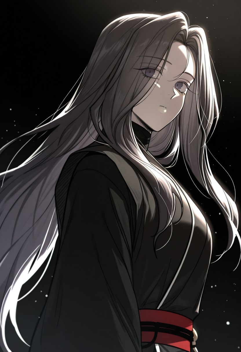 yooiseol, 1girl, solo, long hair, violet eyes, black hair, eyes visible through hair, outfit_black, gown, long sleeves, sash, black footwear,
looking at viewer , upper body, looking to the side, light particles, white background, backlighting, gradient background, black background,
masterwork, masterpiece, best quality,  detailed, depth of field, , high detail, best quality, very aesthetic, 8k, dynamic pose, depth of field, dynamic angle,