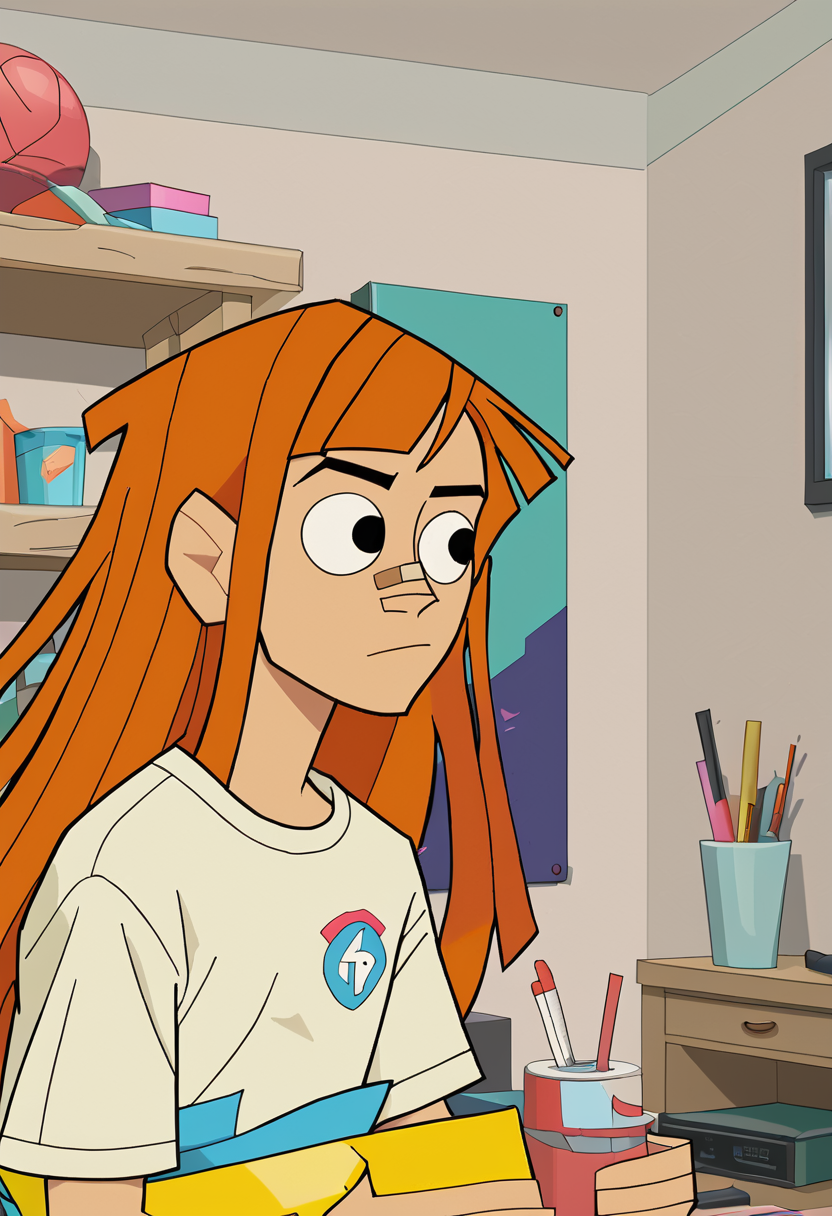 <lora:TwelveForever_Reggie_Pony:0.9>, reggie \(endless\), reggie \(twelve\), bandaid on nose, reggie, twelve forever, 1girl, solo, orange hair, long hair, black eyes, bangs, salon, masterpiece, best quality, score_9, score_8_up, score_7_up