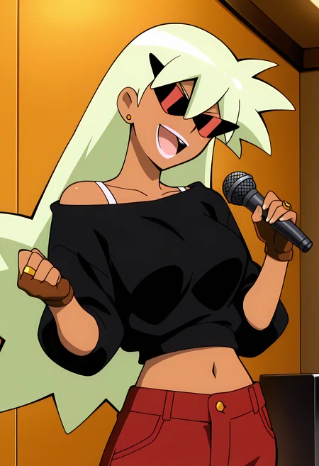 masterpiece,best quality,amazing quality,very aesthetic, absurdres
1girl, solo, Masako Inogashira, long hair,
no8, green hair, casual, bra strap, navel, red pants, dark skin, dark-skinned female, jewelry, earrings, ring, red sunglasses, gloves, fingerless gloves, pale lipstick,
happy, head tilt up, smile,
standing, holding, a microphone, karaoke, mouth open, singing,
at karaoke,
anime style,