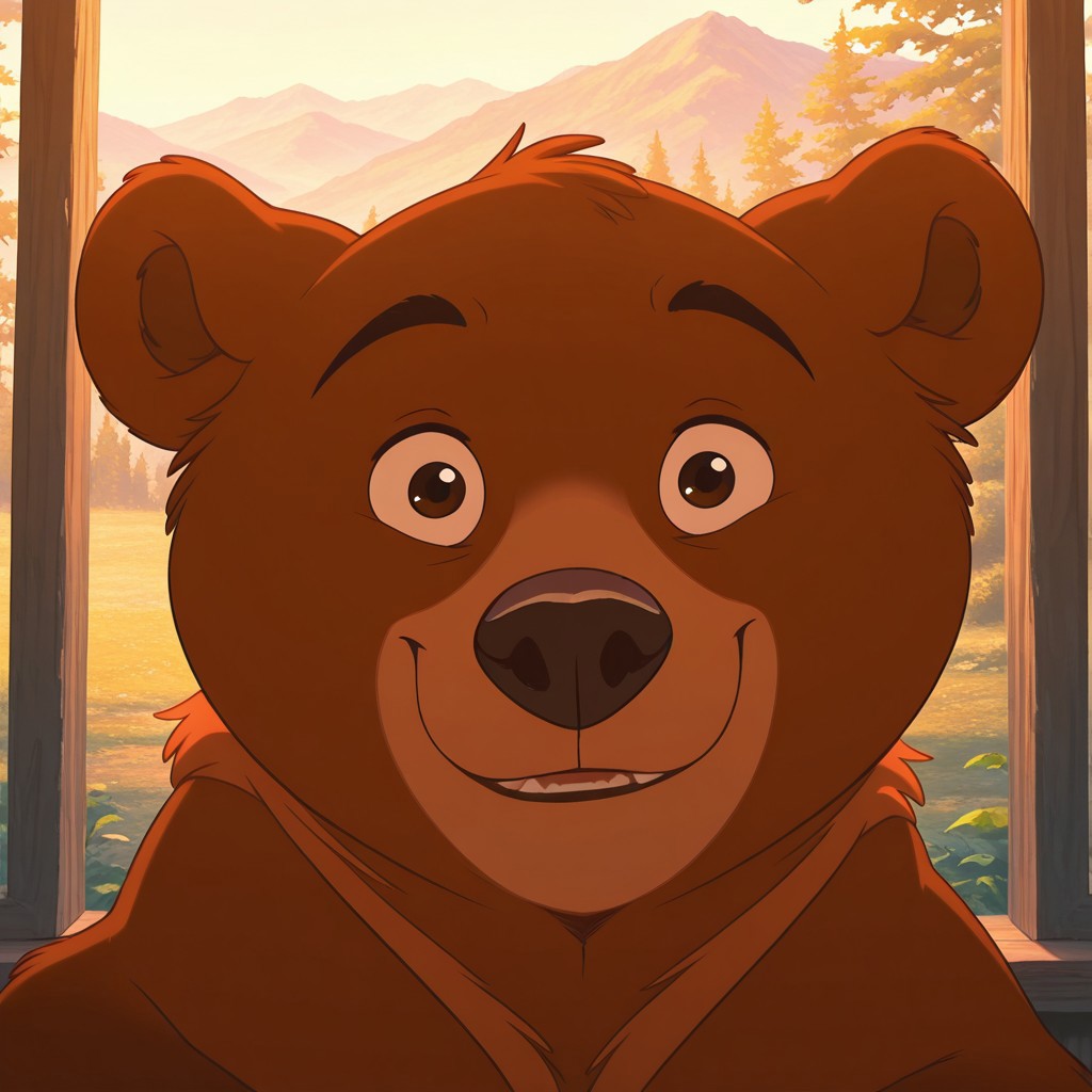 dynamic, expressive, best quality, amazing quality, detailed, indoors, detailed background, shaded,koda, solo, 1boy, bear, dark brown fur, orange neck fur, orange muzzle, dark brown legs, dark brown paws, looking at viewer, smile, outdoors, detailed scene
