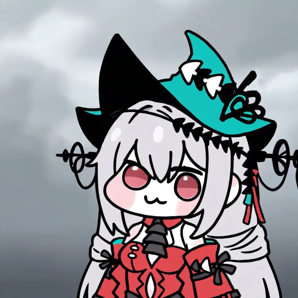 doro,chibi,
1girl,solo,skadi the corrupting heart \(arknights\),arknights,long hair,bangs,very long hair,breasts,red eyes,hair between eyes,hat,white hair,medium breasts,aqua headwear,grey hair,ribbon,cloudy,
<lora:doro_head_noob-4:1>,