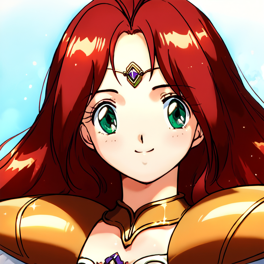 score_9, score_8_up, score_7_up, score_6_up, score_5_up, score_4_up, source_anime, , Engel_Lily, long hair, green eyes, red hair, armor, white skirt, , soft smile, portrait