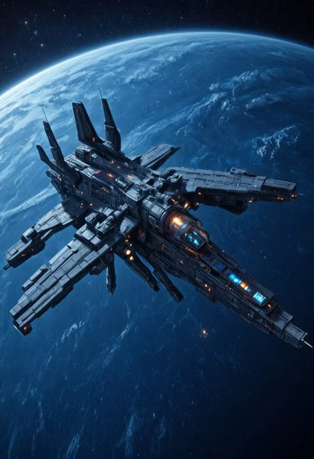 h0rr0rstyl3, orbital view, futuristic warships, heavy space cruisers, spacecraft fleet, CosmicStyle low Earth orbit, advanced starships, sci-fi military vessels, detailed spaceship hulls, tactical formation, deep space backdrop, glowing engine thrusters, cyberpunk space technology, dark metallic textures, starscape environment, strategic positioning, cold space tones, cinematic lighting, large battleships, futuristic aviation, angular design, advanced propulsion systems, weaponized spacecraft, realistic science fiction art, detailed textures, space travel, atmospheric entry layer, near-Earth space, sleek industrial design, blue planet horizon, galactic fleet patrol