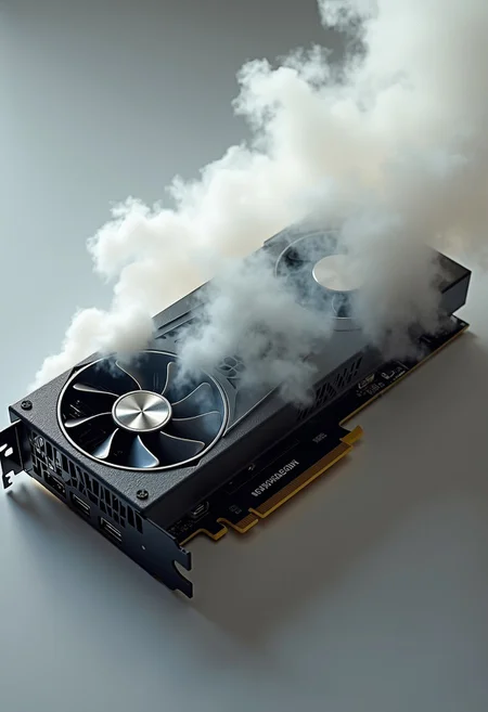 text on top is "OUT OF BUZZ". text on bottom is "ngl ts pmo fr rn". a nvidia graphics card gpu burned and fuming. white dust and smoke in a silver background,
