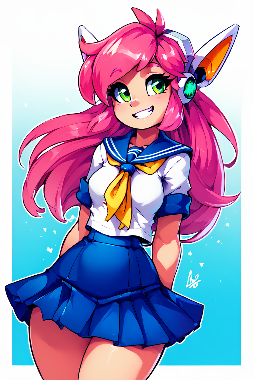 score_9, score_8_up, score_8, medium breasts, (curvy), cute, eyelashes,       BREAK, , zzNukuNuku, green eyes, pink hair, long hair, robot ears, school uniform, serafuku, blue skirt, white shirt, <lora:NukuNuku_PDXL:0.8>, , BREAK, smile, looking at viewer,  abstract background, white outline, cowboy shot, embedding:zPDXL, Expressiveh, <lora:theOtherHalfPDXL:0.8>,  <lora:CatalystStylePDXL:0.6>,  <lora:SDXLFaeTastic2400:0.5>,  <lora:Expressive_H-000001:0.4>,