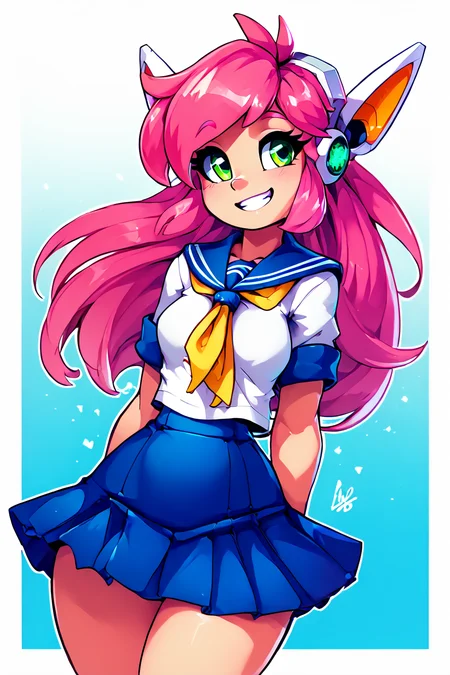 score_9, score_8_up, score_8, medium breasts, (curvy), cute, eyelashes, BREAK, , zzNukuNuku, green eyes, pink hair, long hair, robot ears, school uniform, serafuku, blue skirt, white shirt, <lora:NukuNuku_PDXL:0.8>, , BREAK, smile, looking at viewer, abstract background, white outline, cowboy shot, embedding:zPDXL, Expressiveh, <lora:theOtherHalfPDXL:0.8>, <lora:CatalystStylePDXL:0.6>, <lora:SDXLFaeTastic2400:0.5>, <lora:Expressive_H-000001:0.4>,