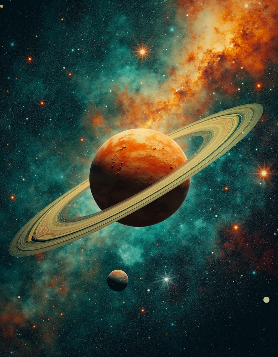 touch of verdigris style, a celestial dance with planets aligning in the cosmos, surrounded by a nebula's iridescent colors, in the cosmic style