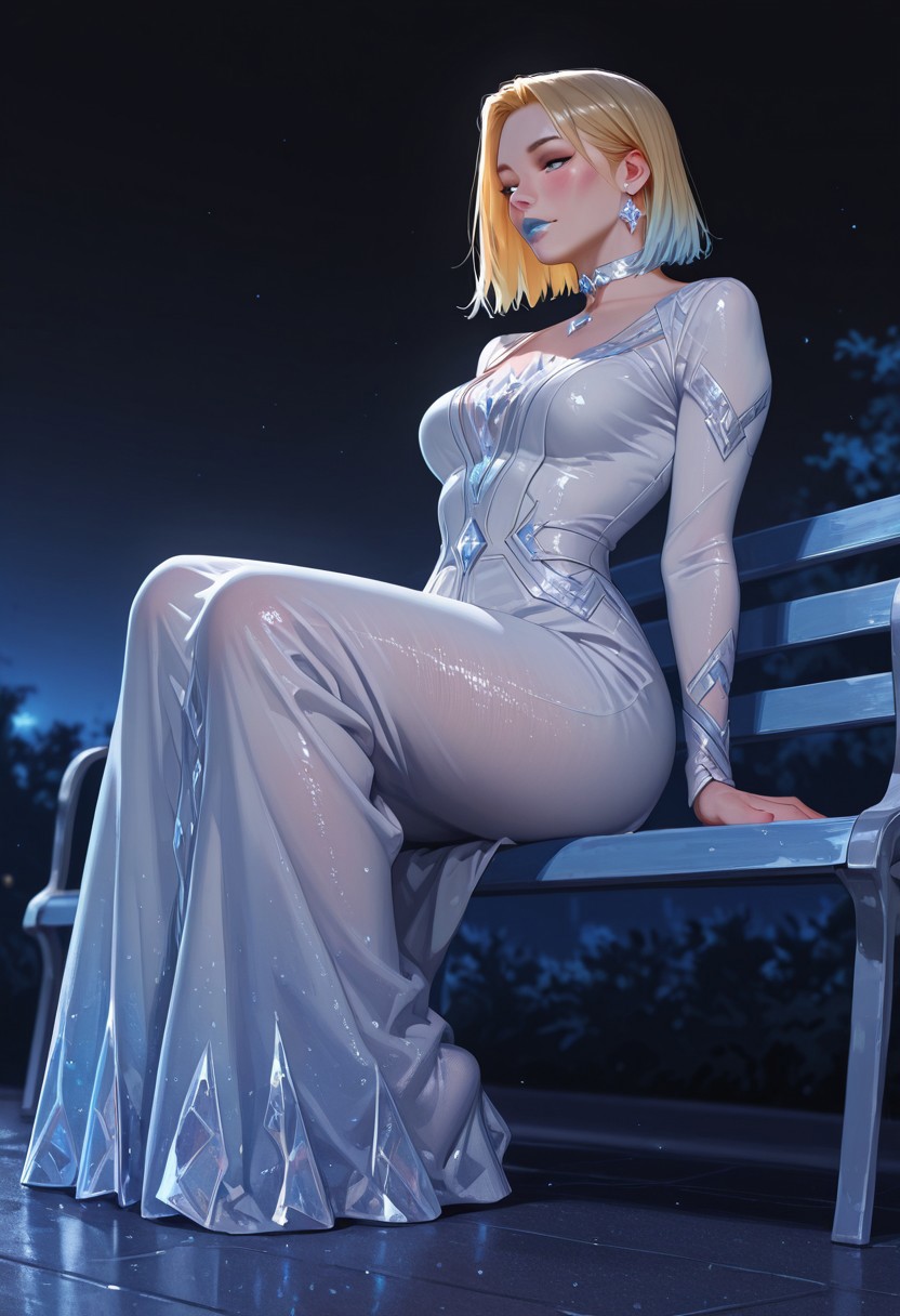very detailed, flat color, no lineart, Vibrant Contrast, gradient colors, particle effect, (fine fabric emphasis:1.2), (((masterpiece, amazing quality, best quality, ultra-detailed, 8K, illustration, amazing quality, newest, absurdres, realistic))), highres, very aesthetic, absurd res, hi res, very awa, dynamic angle, refined, volumetric lighting, cinematic lighting, blurry background, close up vivid colors, ((source_realistic:1.6)), hyper detailed, (dynamic pose:1.4), depth of field, photorealistic colors,  

1girl, Emma Frost (/Marvel)/,(ultra HD quality details), blonde hair, short hair, blue lips, earrings, (blue eyes)
choker,

photorealistic  colors, perfect anatomy, detailed face, detailed hair,
 alone, solo, (white dress:2), ice dress, blush, park, sitting on bench, full body,night, dark background,