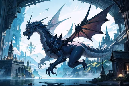 (masterpiece),  1girl,  long hair,  blue hair,  knight,  dress,  floating castle,  fantasy,  dragon,  dynamic angle,  scenery,  magic circle